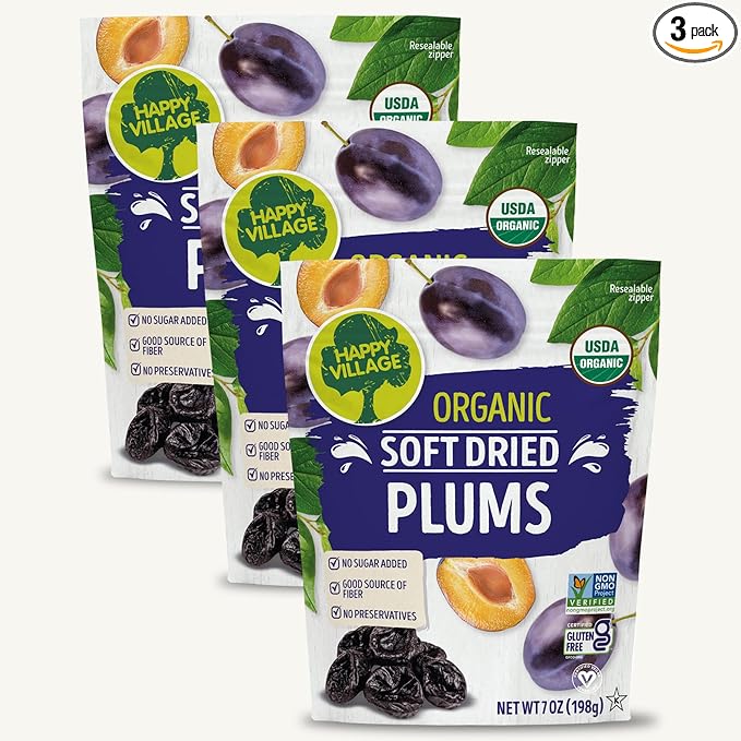Happy Village Organic Soft Dried Plums 21 OZ (3 Packs of 7 OZ) – Soft &amp Juicy Prunes with No Refined Sugar Organic Non-GMO Kosher Gluten-Free