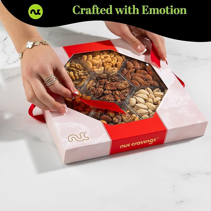 NUT CRAVINGS - Easter Mixed Nuts Gift Basket in Red Gold Box (7 Assortments 1 LB) Ramadan Gifts Treats for Adults Food Arrangement Healthy Snack Care Package Kosher