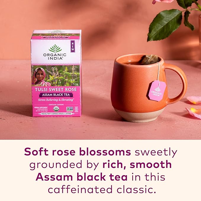Organic India Tulsi Sweet Rose Assam Black Tea - Stress Relieving &amp Elevating 17mg of Caffeine Per Cup With Ayurvedic Herbs Vegan USDA Organic Non-GMO - 18 Rose Tea Bags (Pack of 3)