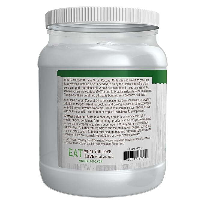 NOW Foods Certified Organic Virgin Coconut Cooking Oil Cold-Presesed and Unrefined Trans Fat Free 100% Pure and Certified Non-GMO 54-Ounce