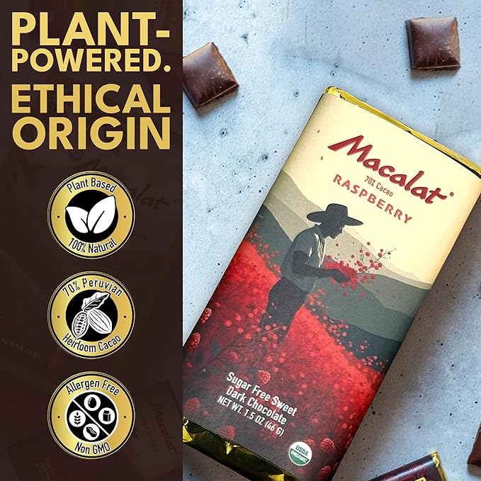 Macalat Raspberry Bar Sugar-Free Sweet Dark Chocolate with Organic Raspberry 70% Peruvian Organic Cacao Bitter-Free Allulose and Monkfruit Chocolate Bar Vegan Non-GMO Keto (12 Bar Case)