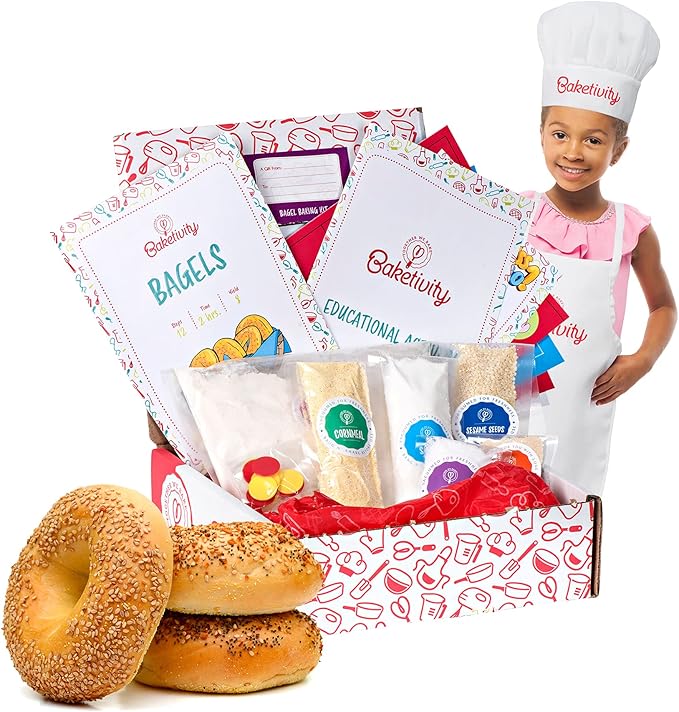 Baketivity Kids Baking Set Meal Cooking Party Supply Kit for Teens Real Fun Little Junior Chef Essential Kitchen Lessons Includes Pre-Measured Ingredients (Kit + Hat &amp Apron Bagels)