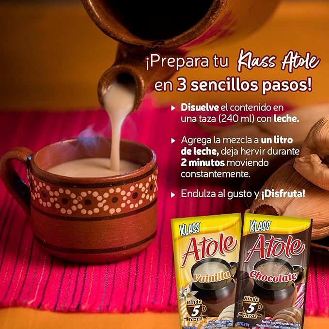 Klass Atole De Fecula de Maiz Variety Pack of 2 Chocolate-Vanilla Flavors with 24 Envelopes (12 Chocolate Sachets 12 Vanilla Sachets)