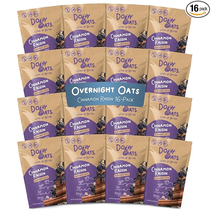 Dozy Oats Overnight Oatmeal Packets Cinnamon Raisin Multipack with Rolled Oats Chia Seeds Date Powder Cinnamon and Raisins. Gluten-Free Natural Source of Protein and Fiber 16-Pack