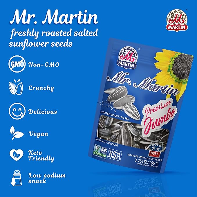 MR. MARTIN Premium Jumbo Salted Sunflower Seeds To Eat Roasted Keto Friendly Snack Kosher Non-GMO Vegan - 3.75 oz 16 Pack