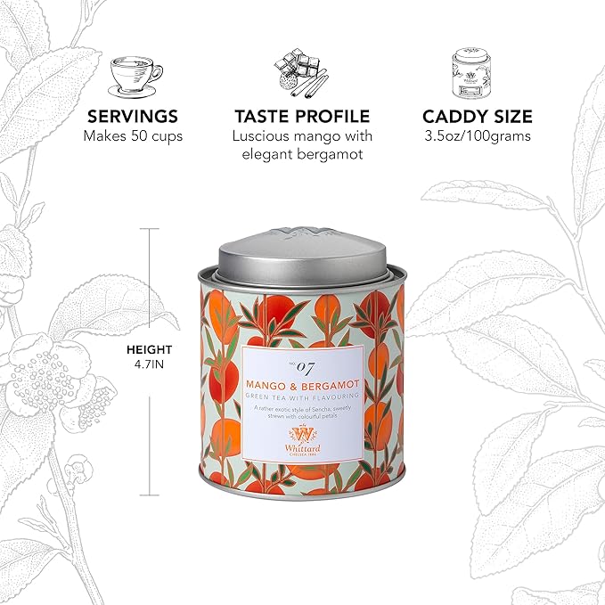 Whittard of Chelsea - Tea Discoveries Mango &amp Bergamot Caddy - Black Loose Leaf Vegetarian Vegan Friendly Resealable Tin (100g 1ct)