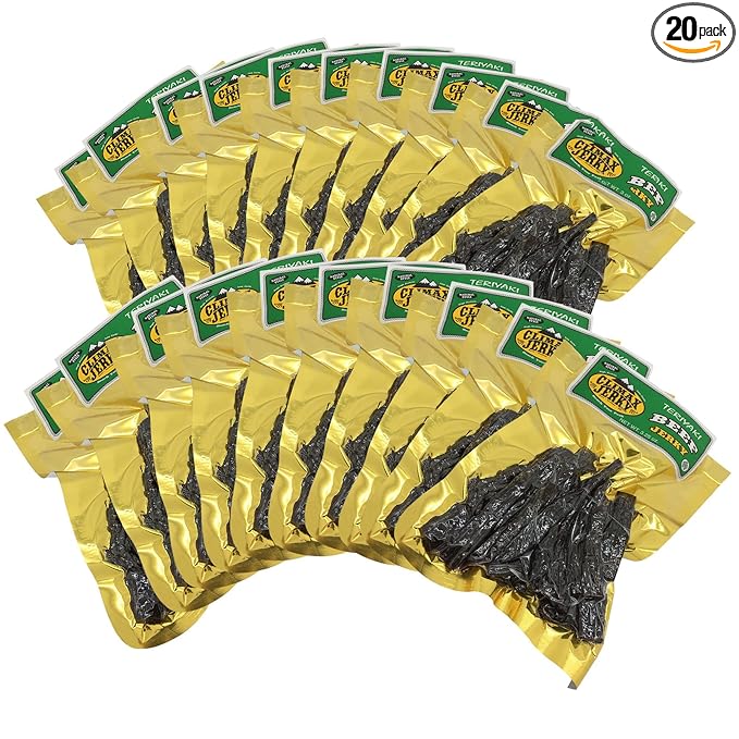 BEST Natural Style Thick Strips 3.25 OZ. Mild Smokey Flavor Beef Jerky - No Preservatives High Protein Low Carbs - Kids Favorite by Climax Jerky - Buy Multiple Packs &amp Save! (Teriyaki 20 Pack)
