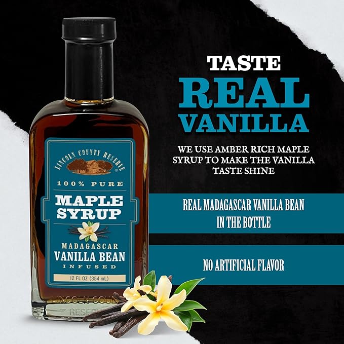 Lincoln County Reserve Vanilla Maple Syrup - Real Madagascar Vanilla Whole Bean Infused - 12 oz Glass Bottle - Perfect Pancake Syrup - Grade A - Gluten Free - Bottled in Wisconsin