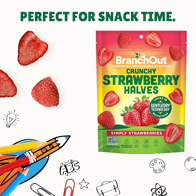 BranchOut Crunchy Strawberry Halves Real Dried Strawberries No Sugar Added GentleDry Better than Freeze Dried Strawberries Healthy Vegan Snacks 2 oz Snack Size (Pack of 8)