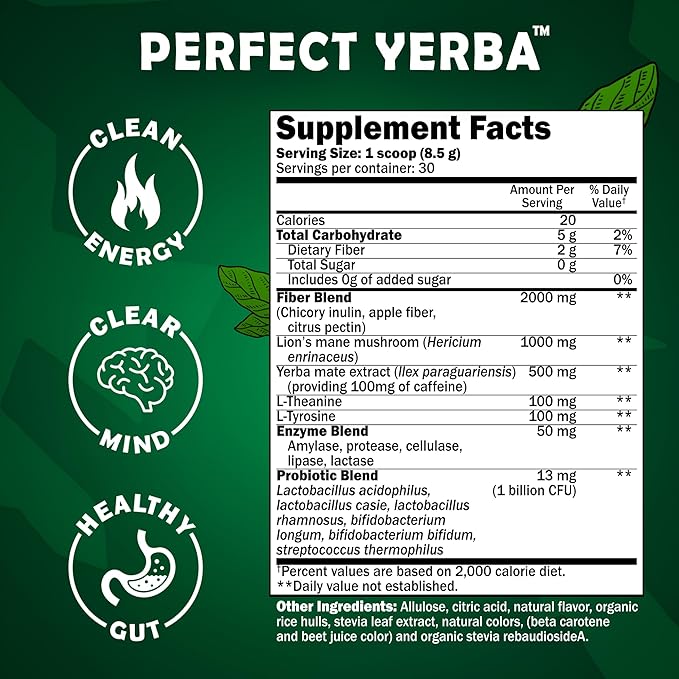 Perfect Yerba Instant Yerba Mate Tea Powder Drink – Mango Peach – Clean Energy + Focus + Gut Support (100mg Natural Caffeine Lion’s Mane L-Theanine Prebiotic + Probiotic + Enzymes) – 0g Sugar 30 S
