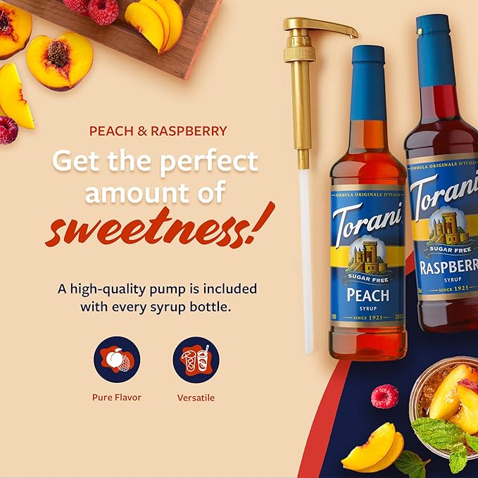 Torani Sugar Free Raspberry Syrup and Sugar Free Peach Syrup Variety 2-Pack Flavored Syrups for Drinks Pumps Included 25.4 Fl Oz Ea