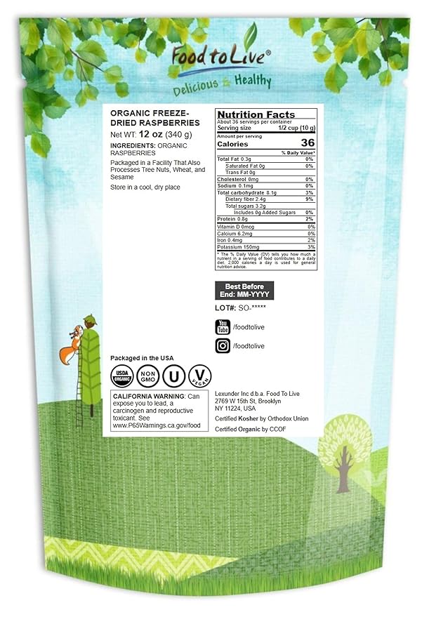 Food to Live Organic Freeze-Dried Raspberries 12 Ounces – Whole Natural Berries No Sugar Added Vegan and Nutritious Snack Perfect for Smoothies and Baking Non-GMO Kosher Bulk