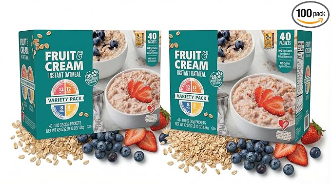 Fruit and Cream Instant Oatmeal Variety Pack 40 Count Heart Healthy No High Fructose Corn Syrup Banana Peach Blueberry Strawberry (2 Pack - 80 Packets)