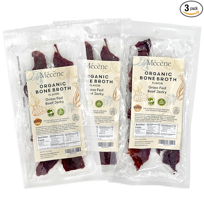 Tough To Chew: Organic Bone Broth Beef Jerky – Grass-Fed Zero Sugar Low Calorie High Protein Extra-Firm Texture – 2 oz (Pack of 3)
