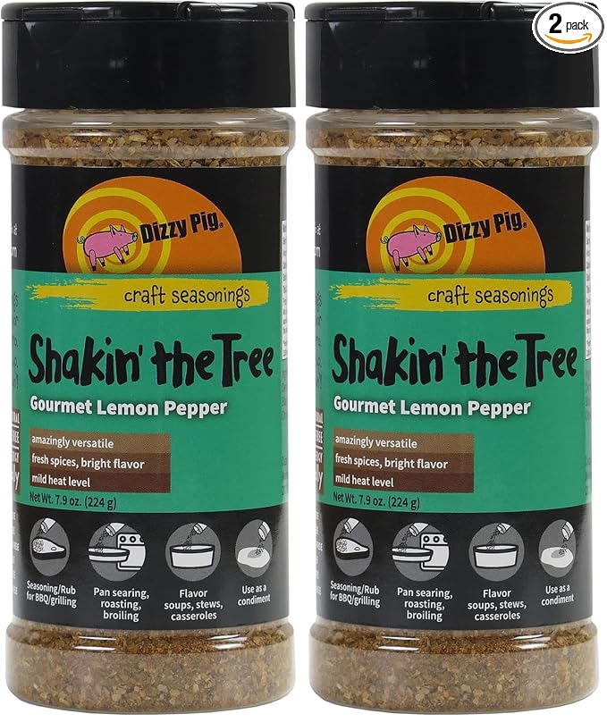 Dizzy Pig Shakin' the Tree Gourmet Lemon Pepper Seasoning Rub (8oz Shaker) - Seasons 30+lbs of Food - Hand Made in the USA - MSG Free Gluten Free (Pack of 2)