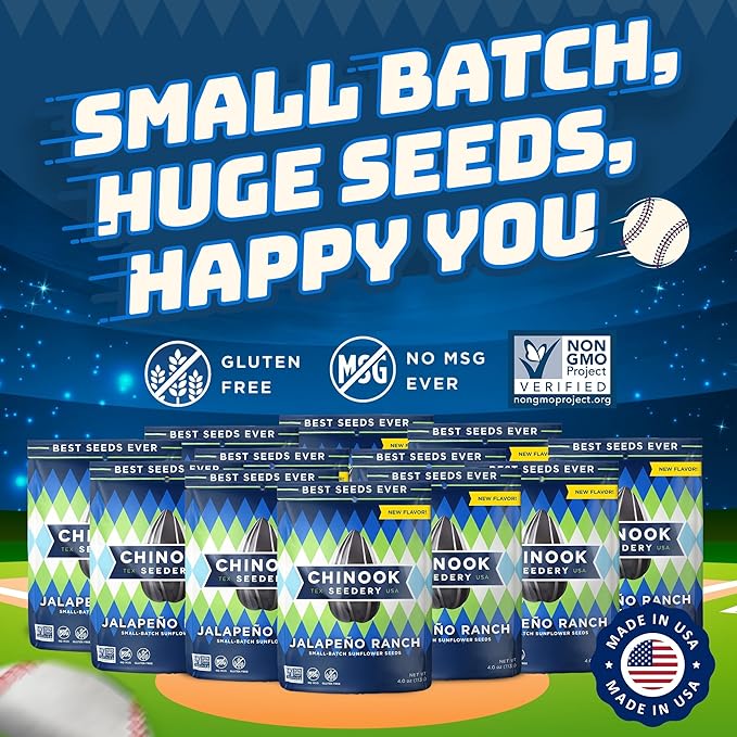 Chinook Seedery Sunflower Seeds to Eat — Jumbo Flavored Roasted Low Sodium Snacks — Keto Friendly Gluten-Free Non-GMO — Jalapeno Ranch Flavor 4 oz (12-Pack)