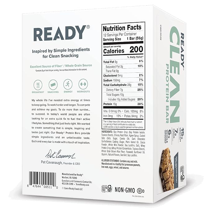 Ready® Protein Bars – High-Protein Snack with 15g Whey Protein With Flaxseeds and Omega-3s for Sustained Energy Supports Lean Muscle and Recovery No Artificial Sweeteners – Dark Chocolate Sea Salt