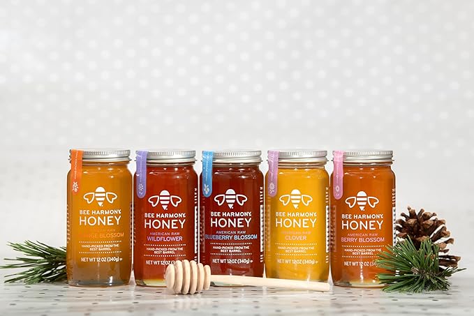 Bee Harmony Honey 5 Pack Variety Pack Contains 5 jars 12 ounces each (Clover Wildflower Orange Blossom Berry and Blueberry)