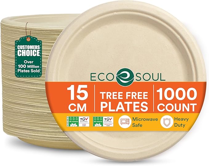 ECO SOUL 6 Inch Compostable Disposable Paper Plates [1000 Pack] Food Safe 100% Virgin Bagasse Pulp Heavy Duty Microwave Safe Small Round Dessert Appetizer Plate for Party Picnic &amp BBQ (Brown)