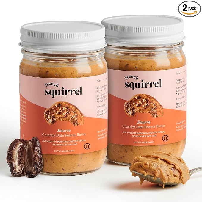 French Squirrel Peanut Beurre - Gluten-Free Nutrient-rich Fresh Peanut Butter - Vegan PeanutButter w/Dates Cinnamon Sea Salt - Crunchy Peanutbutter for Toasts Oatmeal Porridge &amp More (2 Pack)