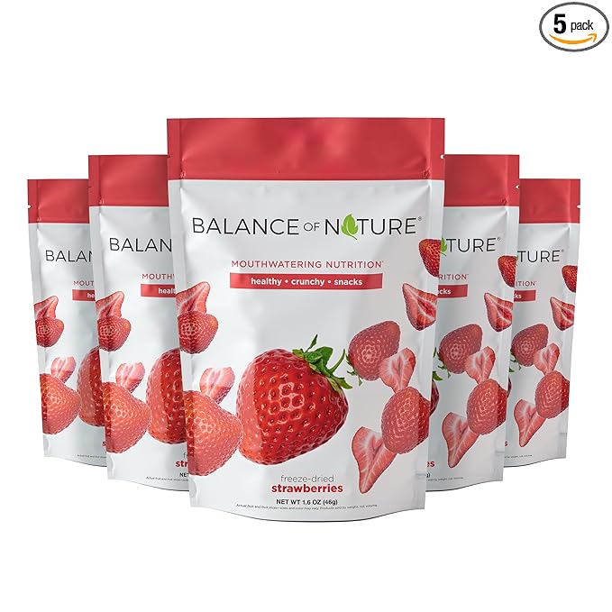 Balance of Nature Freeze-Dried Strawberries (5 Pack) – 100% Real Fruit Crunchy Strawberry Slices Healthy Snack Mouthwatering Nutrition Gluten-Free Vegan No Sugar Added Five 1.6 oz Bags