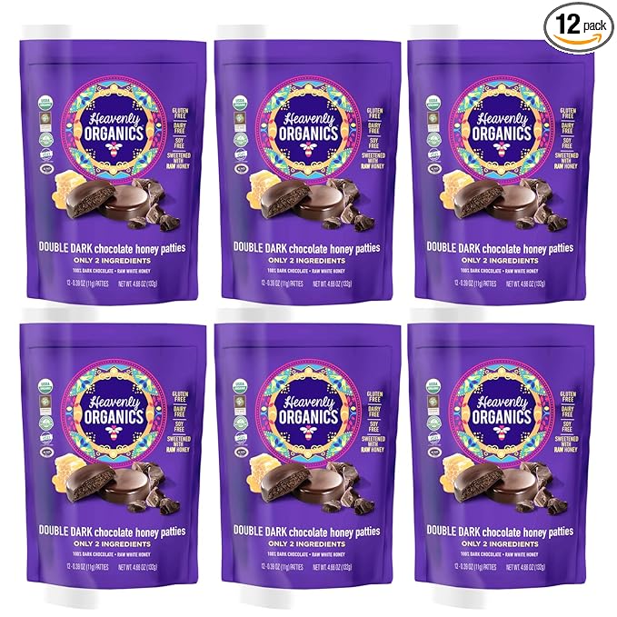 Heavenly Organics Double Dark Chocolate Honey Patties 6 Bags- 12 single /bag -4.66oz (132g) - 100% Organic Cocoa 100% Organic Raw White Honey Non-GMO Fair Trade Kosher Dairy &amp Gluten Free N