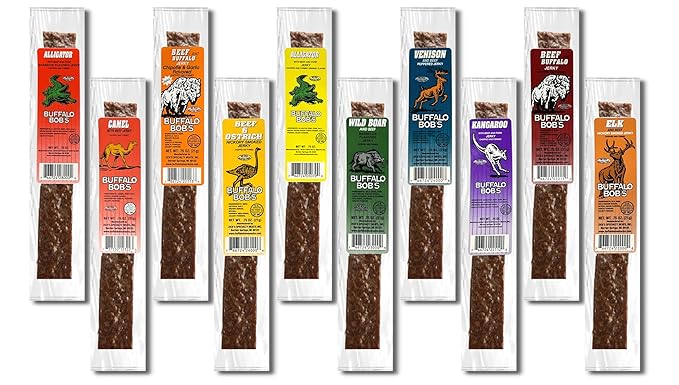 Buffalo Bob's Exotic Jerky Assortment - 10 Flavor Variety Pack - Wild Game Jerky Snack for Adventure Enthusiasts Stocking Stuffer Gift for Men Healthy Snack Gluten Free