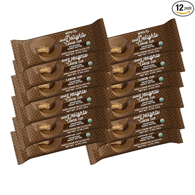 Missy J's Carob Dark Delights Unsweetened Peanut Cup .9 Oz 12 Pack. Vegan Gluten Free Substitute for chocolate Perfect for Snacks and Treats