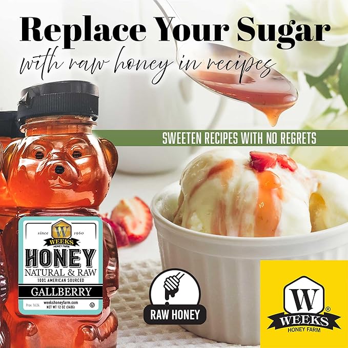 Weeks Pure Raw &amp Unfiltered Gallberry Honey - 12 oz Bear 6 Pack Kosher Certified Gluten-Free All-Natural Southern Rich Floral Flavor for Tea Baking &amp Wellness Premium Georgia Holly Honey