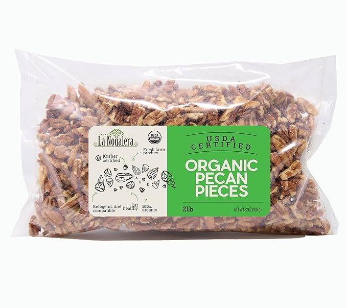 La Nogalera Organic - USDA and CCOF Certified Organic Pecan Pieces in 2 pound bag. Chopped Pecan Nuts NO SHELL Non-GMO Kosher and Halal Certified and Ketogenic friendly