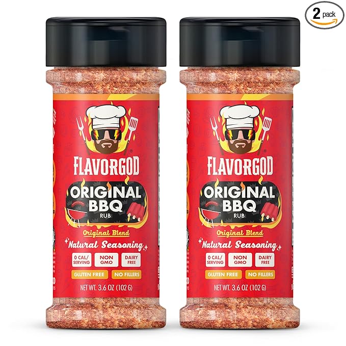 Flavor God 2 Bottles Original BBQ Rub Mix Natural Healthy Spice Blend For Grilling Chicken Wings Beef Pork Bacon Eggs Seafood Vegetables Salad Tacos Kosher Gluten &amp Dairy Free Steak