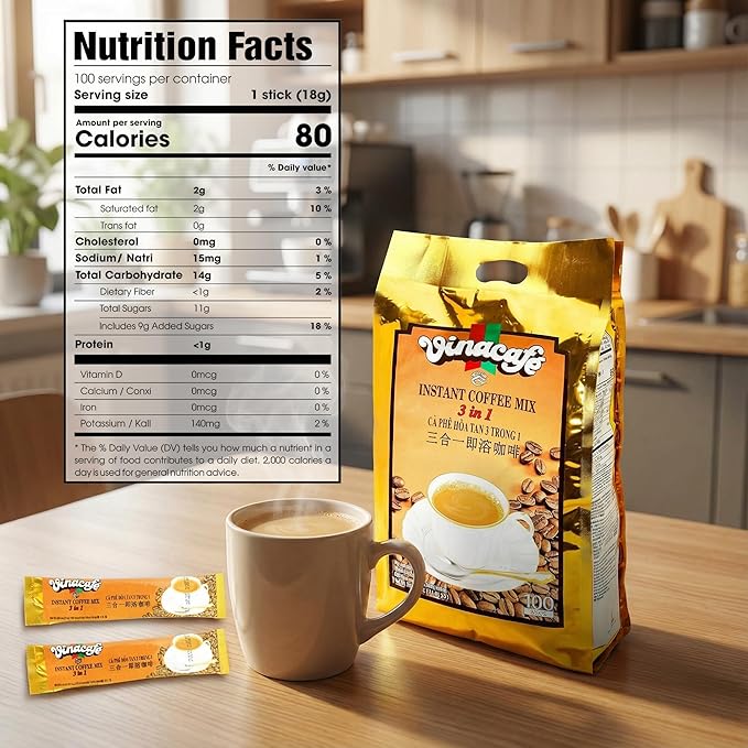 Vinacafe Vietnamese Instant Coffee 100 Sticks 3 in 1 Milk Coffee Blend Smooth Medium Roast Instant Mix for Fast Brewing at Office or Travel