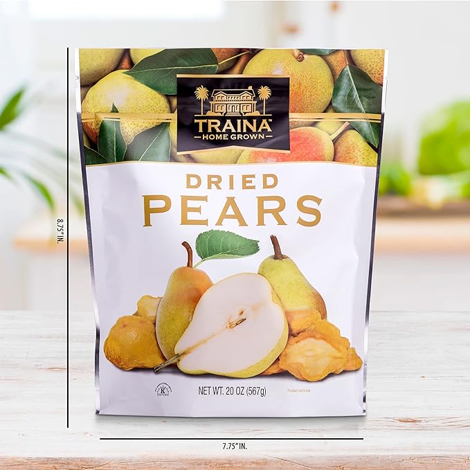 Traina Home Grown Sun Dried Pears - Healthy &amp Non-GMO Natural Sweet Flavor Fruit No Sugar Added Perfect Snack In Resealable Pouch (20 Oz)