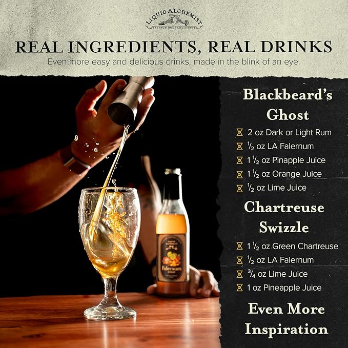Liquid Alchemist Falernum Syrup for Cocktails - Real Ingredients Make our Falernum Cocktail Syrup a Great Mixer for any Tiki Drink - Our Drink Mixer is Non-GMO Gluten Free &amp Vegan (12.7 oz)