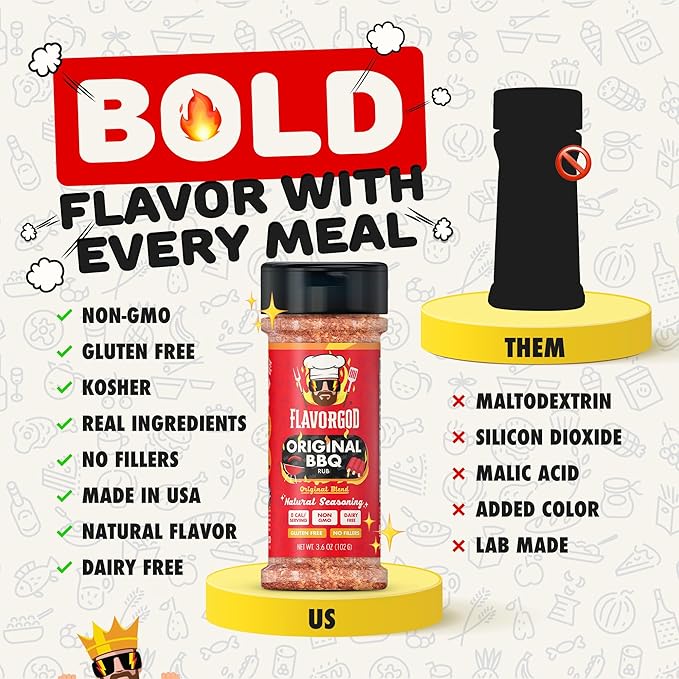 Flavor God 2 Bottles Original BBQ Rub Mix Natural Healthy Spice Blend For Grilling Chicken Wings Beef Pork Bacon Eggs Seafood Vegetables Salad Tacos Kosher Gluten &amp Dairy Free Steak