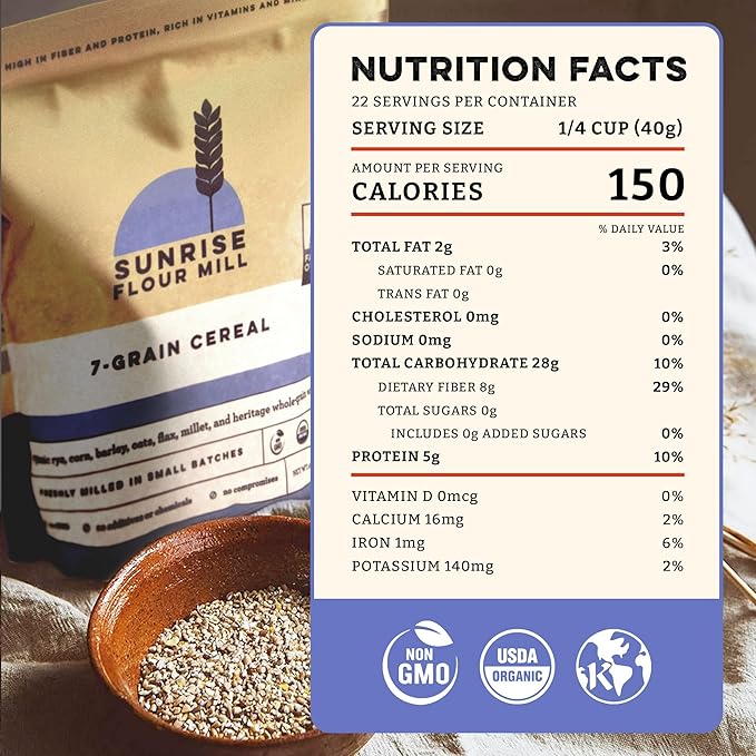 Sunrise Flour Mill USDA Organic Heritage 7-Grain Hot Cereal Mix - 32 oz | Great Source of Fiber and Nutrients | Sugar Free with No Additives | 5 Grams Protein Per Serving