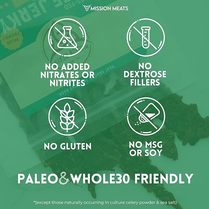 Mission Meats Beef Jerky Original 100% Grass Fed Beef 10g Protein per Serving Delicious &amp Tender – Paleo Keto Carnivore &amp Whole 30 Friendly 2oz Bags (Pack of 3)