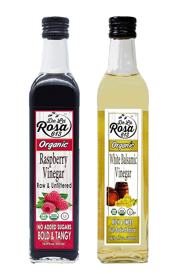 De La Rosa Organic Raspberry and White Balsamic Vinegar Vegan Kosher Non-GMO &amp Gluten Free Great for Salad Dressings Marinades and More 16.9 Oz (pack of 2)