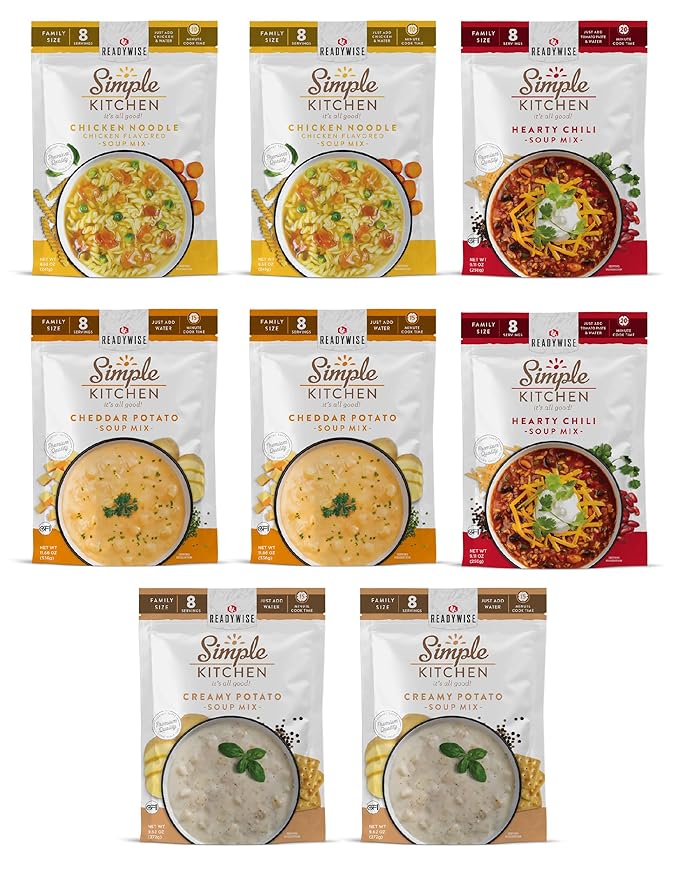 READYWISE - Simple Kitchen Soup Favorites Variety Pack 8 Servings Per Pouch Soup Mix Family Size MRE Freeze Dried Food Ready To Eat Meals Hiking &amp Backpacking Food Soup for Family Pack