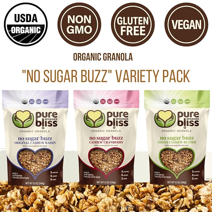 Pure Bliss Organics NO SUGAR BUZZ GRANOLA VARIETY PACK 3-12oz bags one each Cashew Raisin Granola Cashew Cranberry  Cocoa Cashew Butter  Certified Organic and Gluten Free Vegan Non GMO Low Gly