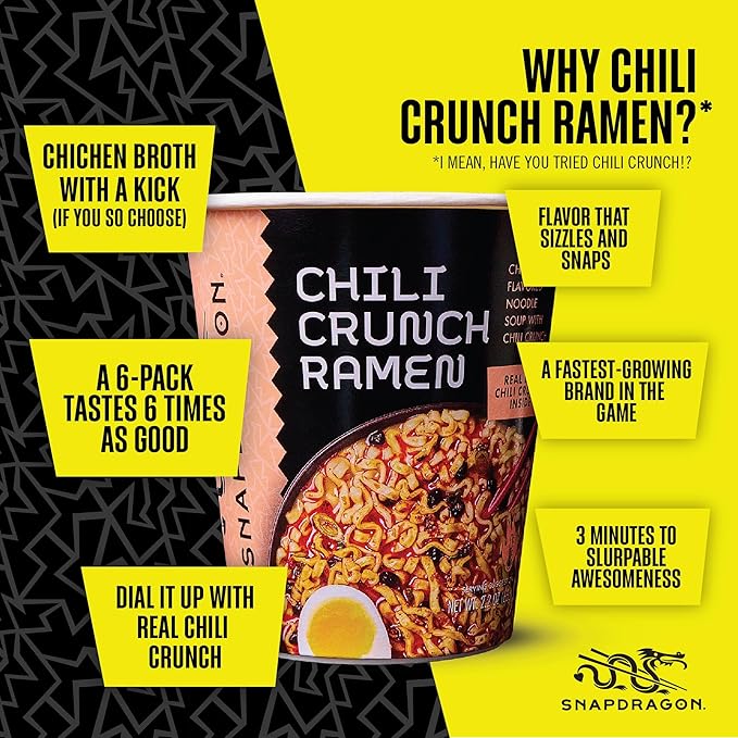 Snapdragon Chili Crunch Ramen Cup Noodles - 6 Pack Instant Ramen Bowl with Authentic Wheat Noodles Soup Sauce Base Vege Pack and Chili Crunch Oil. Microwave or Hot Water Easy Meal Prep