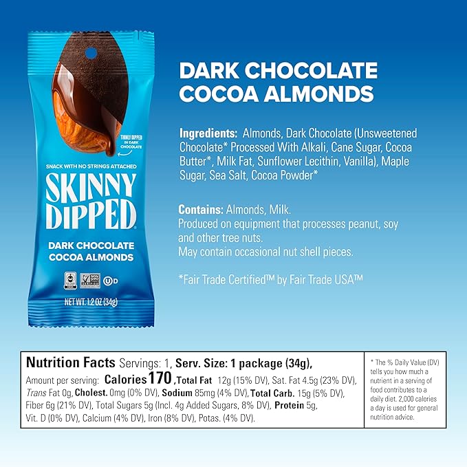 SkinnyDipped Snack Attack Almond Variety Pack Chocolate Covered Almonds Low Sugar Gluten Free Healthy Snack 1.2 Ounce Bags (Pack of 15)
