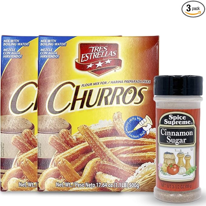 Tres Estrellas Churros Mix with Spice Supreme Cinnamon Sugar 3 Pc. Bundle Authentic Mexican Batter Powder for Crunchy Donut Sticks Easy to Blend