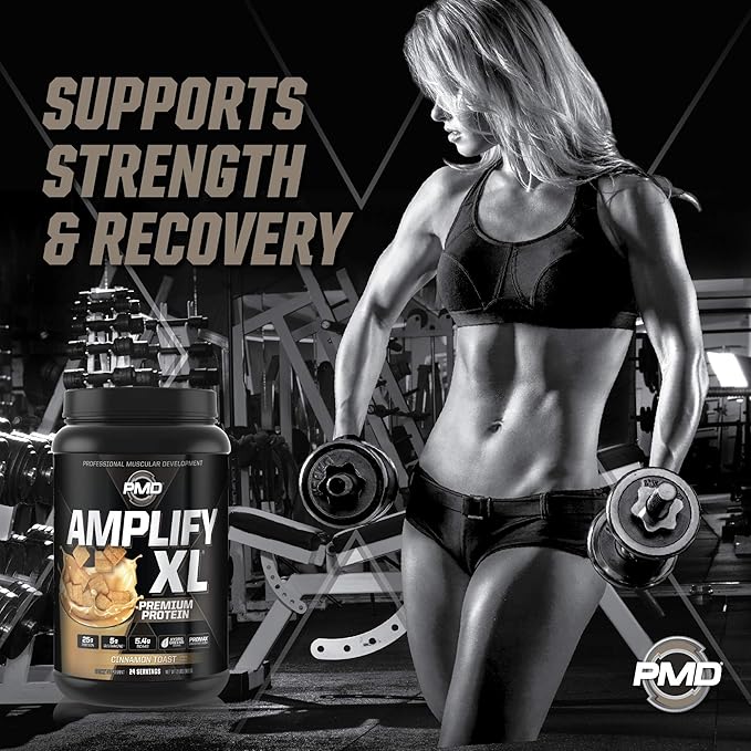 PMD Sports Amplify XL Premium Whey Protein Supplement Hydro Greens Blend - Glutamine and Whey Protein Matrix with Superfood for Muscle Strength and Recovery - Cinnamon Toast (24 Servings)