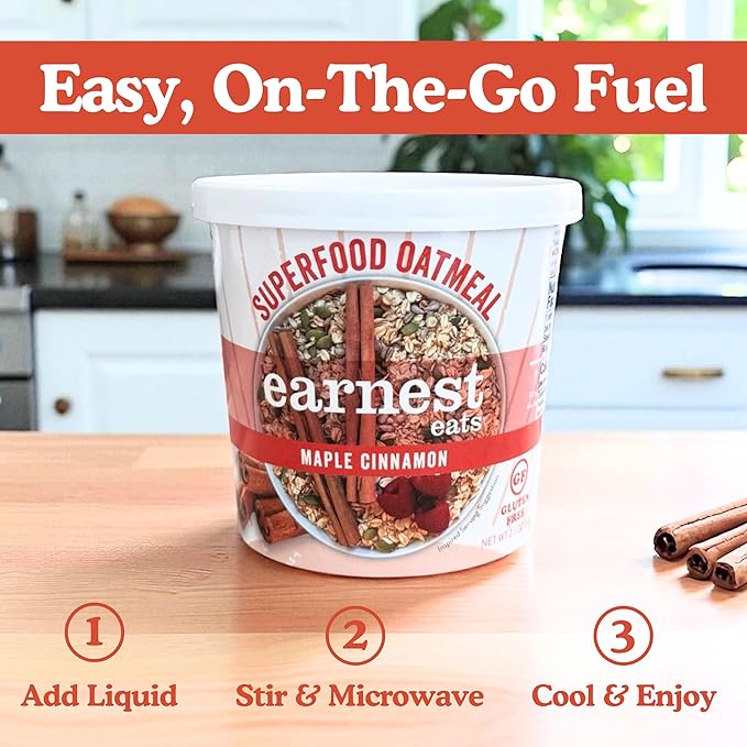 Earnest Eats Superfood Oatmeal Cups - Maple Almond Cinnamon – 8g Plant Protein Gluten Free Vegan On-the-Go Breakfast 2.1 Ounces Each (12 Pack)