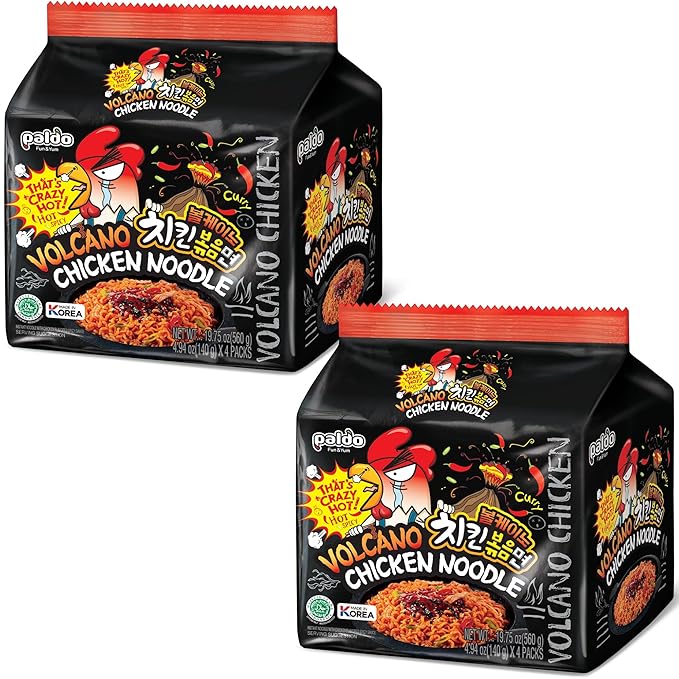 Paldo Fun &amp Yum Volcano Extremely Hot &amp Spicy Stir Fried Chicken Instant Noodles Pack of 8 Soupless Original Korean Ramyun Spicy Ramen Challenge Chicken Bokkeummyun 볼케이노 치킨볶음면 140g (4.93