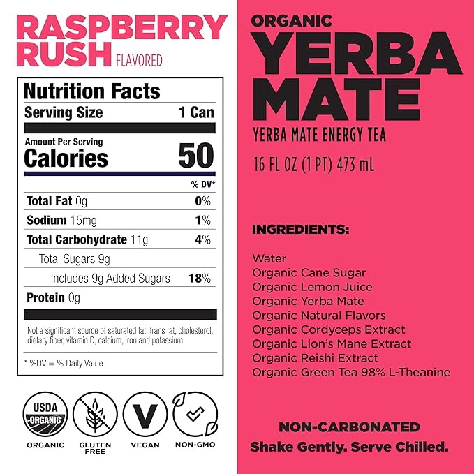 Daytrip Organic Yerba Mate Energy Drink- Clean Plant Based Caffeine (200mg) with Adaptogenic Mushrooms and Green Tea for Focus and Brain Fog - Low Calorie Low Sugar (12 Pack Case)