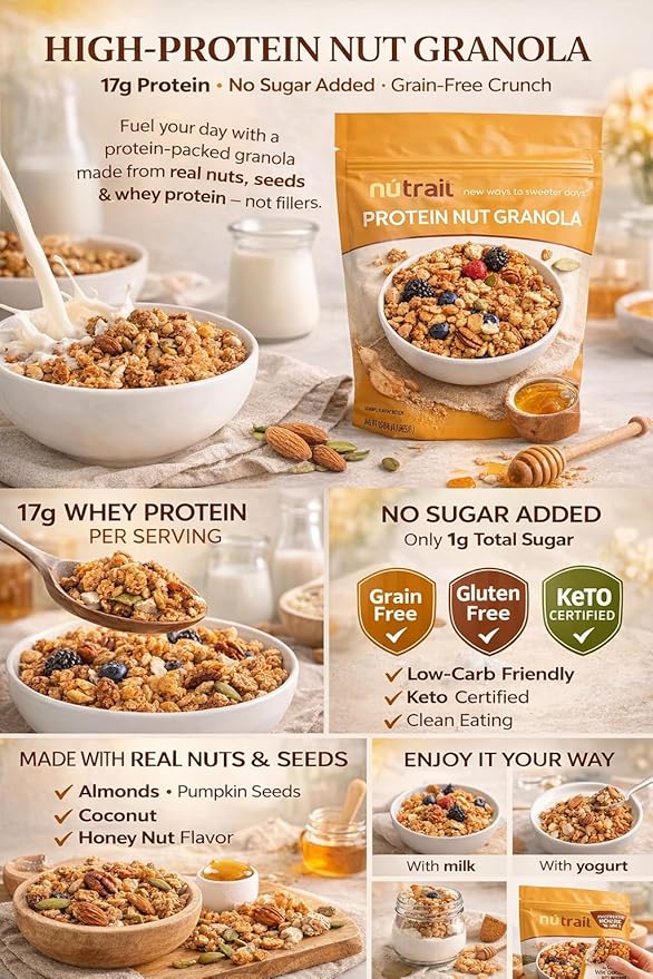 Protein Nut Granola Honey Nut – 17g Protein No Sugar Added Made with Whey Protein Nuts &amp Seeds Keto Certified Gluten-Free Grain-Free Kosher 1g Sugar High Protein Crunch – 22 oz Resealable