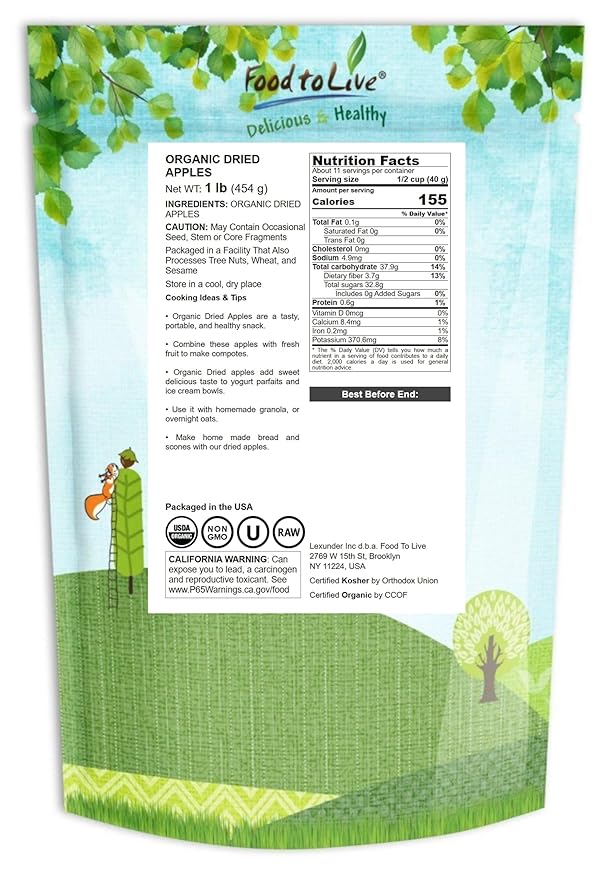Food to Live Organic Dried Apple Rings 1 Pound — Non-GMO Kosher Raw Vegan Unsulfured Sirtfood Bulk
