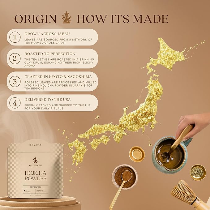 Queen Omi Organic Hojicha Powder | 80g | 100% Organic Japanese Roasted Green Tea Powder—Matcha &amp Coffee Alternative | Low Caffeine Antioxidant-Rich Smooth Toasty Nutty Flavor (Dark Roast)